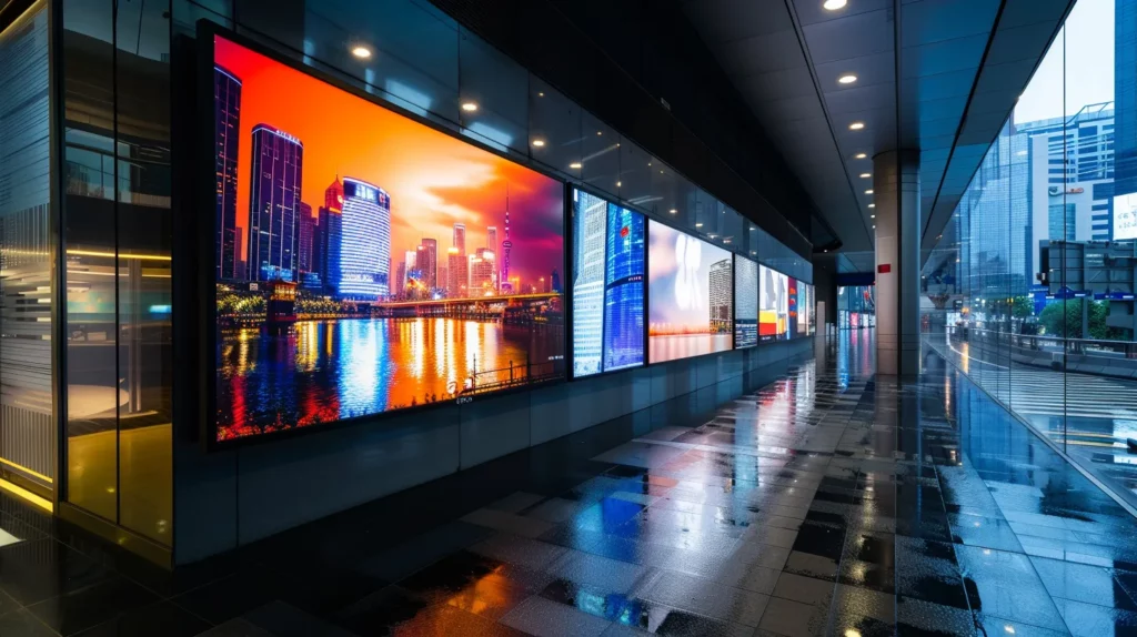 a dynamic digital signage display in a modern urban setting, showcasing vibrant, cohesive brand imagery while effectively overcoming technological challenges and budget constraints.