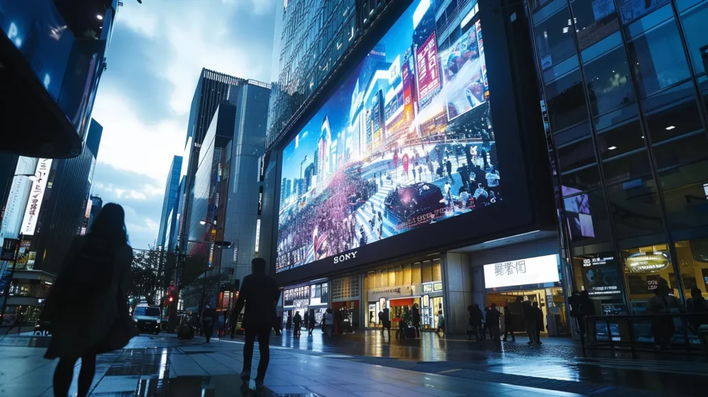 a dynamic digital signage display pulsates with vibrant, engaging visuals in a bustling urban environment, illustrating the power of analytics and a/b testing to capture and optimize viewer attention.