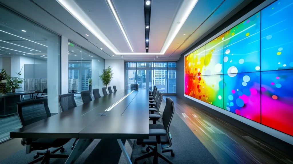 a sleek, modern office environment showcases a prominent digital signage screen displaying vibrant graphics, symbolizing the effective communication and decision-making tools essential for businesses choosing the right provider.