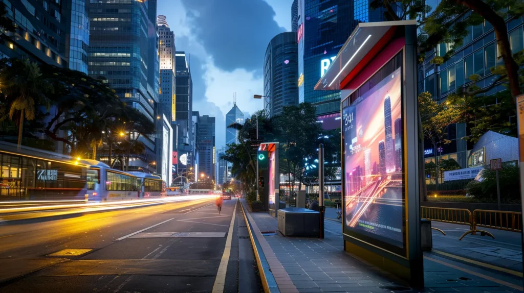 a vibrant digital signage display illuminates a bustling urban street, showcasing dynamic advertisements against the backdrop of sleek skyscrapers and a twilight sky.