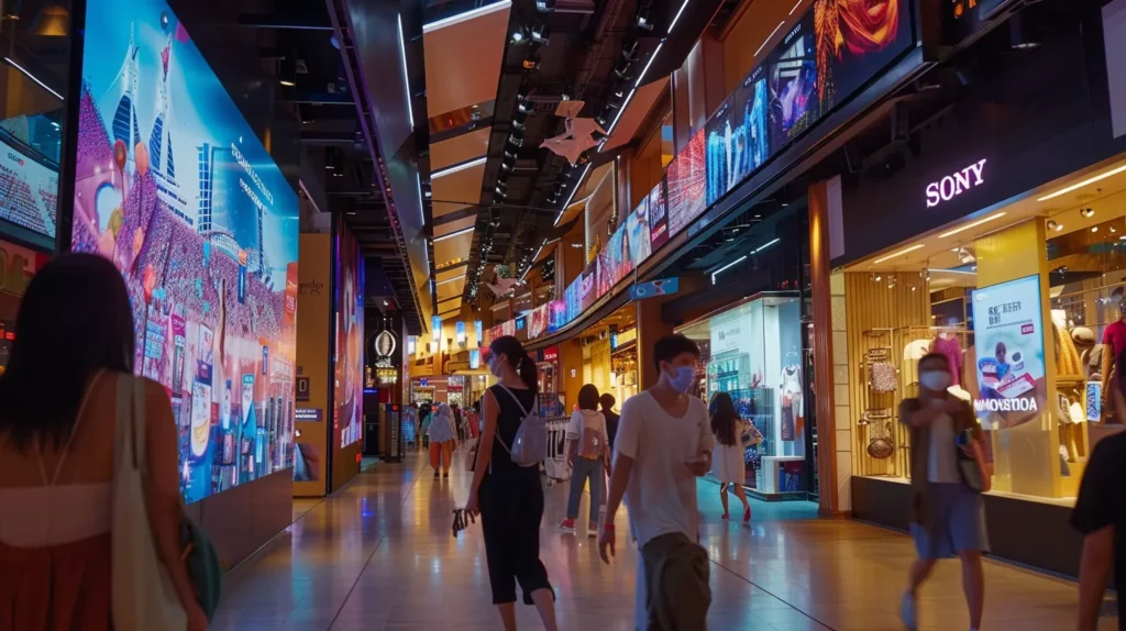 a vibrant digital signage display illuminates a bustling retail environment, showcasing dynamic content that captivates customers and enhances their shopping experience.