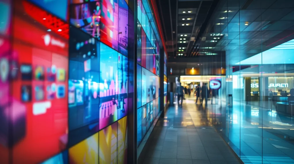 a vibrant digital signage display showcases dynamic augmented reality content, illuminated by soft, ambient lighting, highlighting the innovative fusion of technology and sustainability.