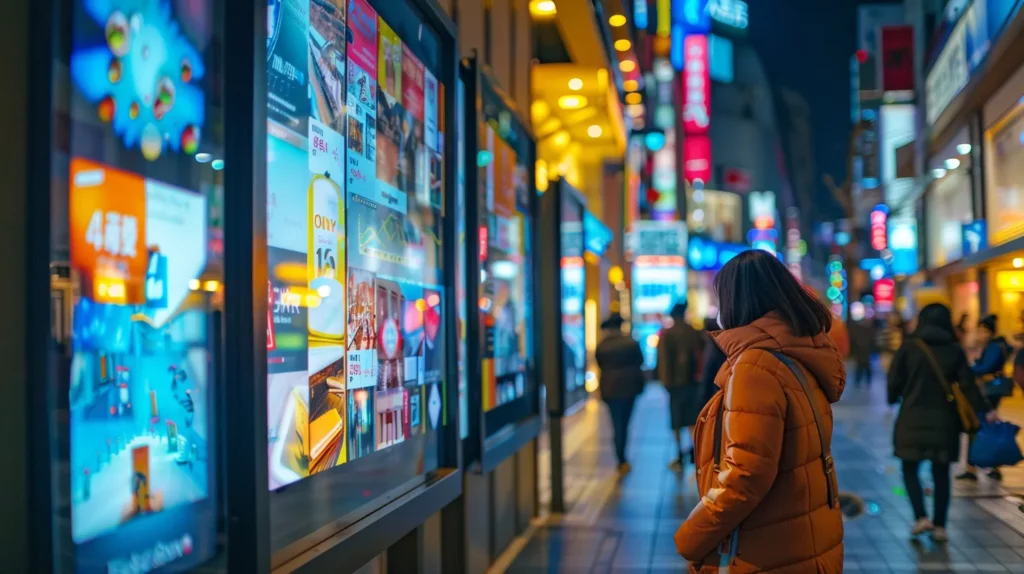 a vibrant digital signage display in a bustling urban environment showcases engaging content, with colorful visuals and live updates captivating passersby under the warm glow of evening lights.