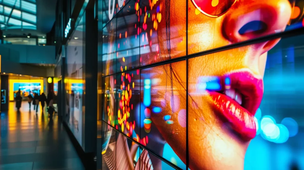 a vibrant digital signage display showcases captivating multimedia graphics in a modern business setting, drawing attention and reinforcing brand identity with sleek design and dynamic content.