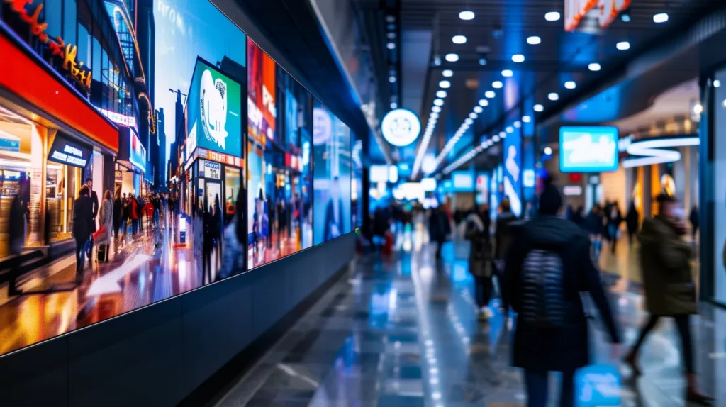 a vibrant display of dynamic digital signage in a busy urban environment showcases engaging content on sleek lg supersign screens, highlighting the cutting-edge integration of technology and real-time information sharing.