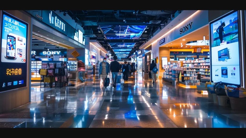 a vibrant retail scene illuminated by bold digital signage displays, showcasing promotional offers and engaging customers with real-time information in a bustling environment.