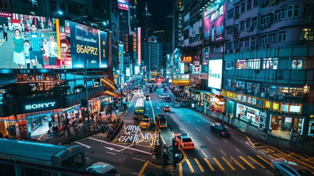 a vibrant urban landscape features a bustling outdoor digital signage display showcasing interactive content, illuminated by dynamic lighting that emphasizes the impact of technology on visual communication.