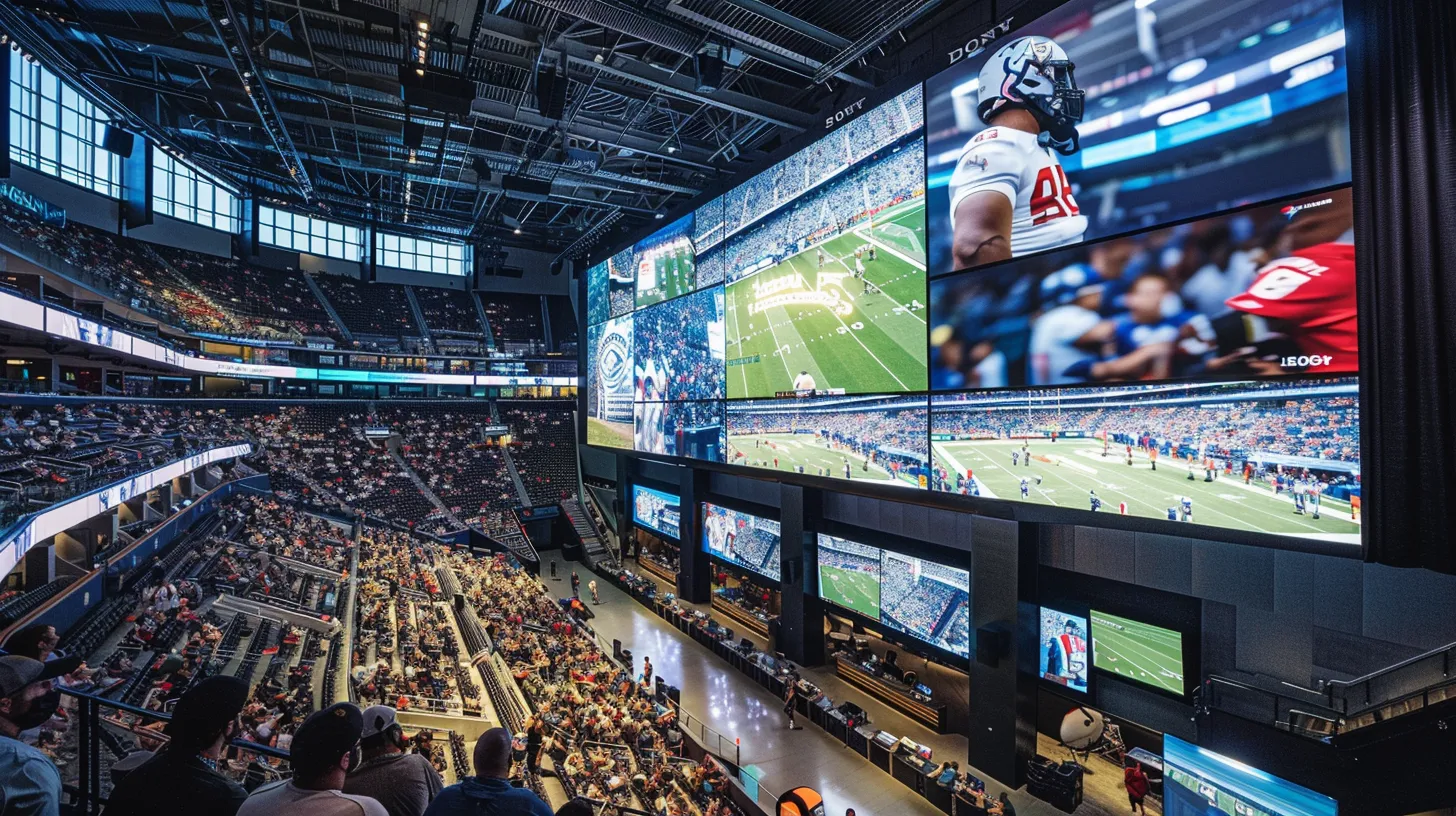 a bustling modern stadium atmosphere features vibrant led displays and interactive signage, capturing enthusiastic fans engaging with dynamic digital content against a sleek, high-tech backdrop.