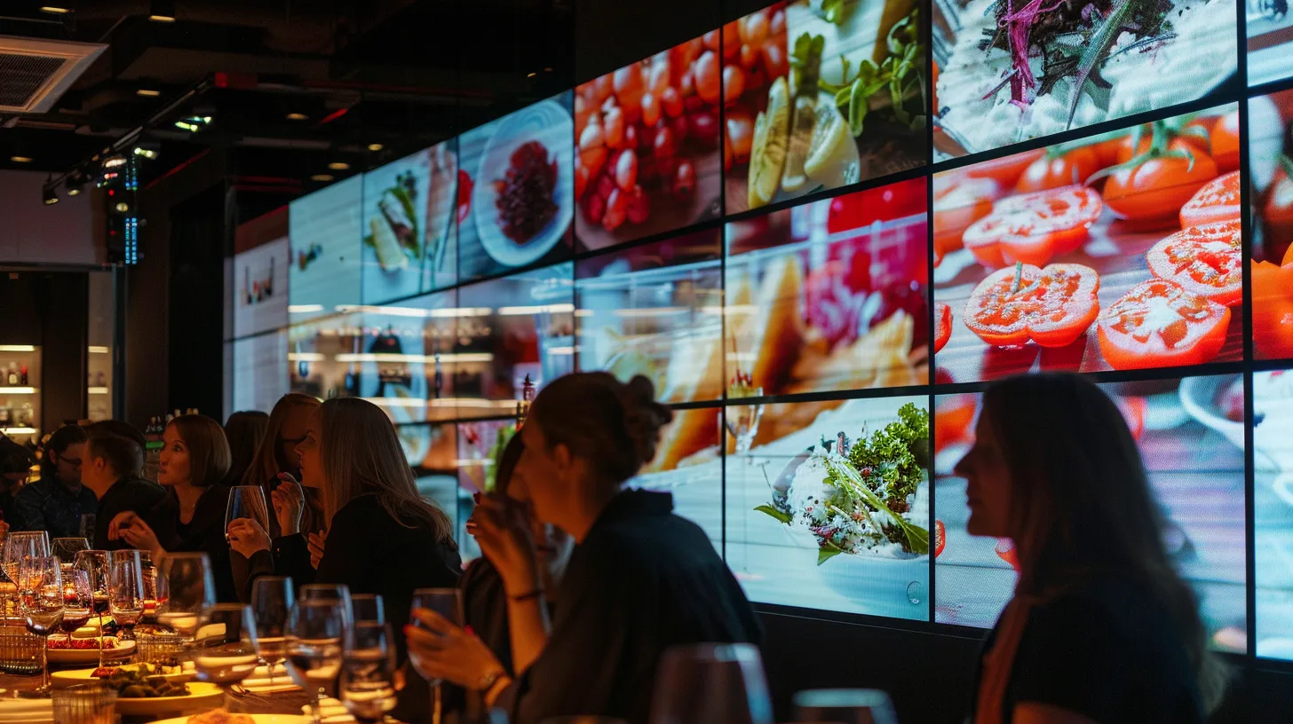 a dynamic restaurant interior featuring sleek, glowing led displays and interactive touchscreens, where diverse patrons eagerly engage with the technology, creating a vibrant and high-tech dining experience that showcases the power of modern digital signage solutions.