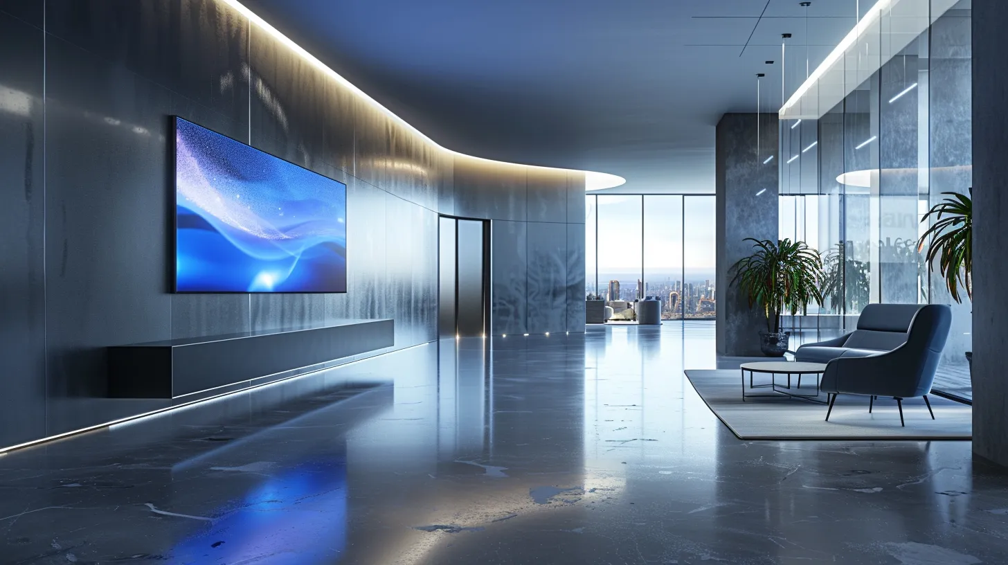 a sleek, illuminated digital signage screen displaying dynamic content in a stylish, sophisticated office lobby, enhanced by ambient lighting that creates an inviting atmosphere and reflects a modern corporate environment.