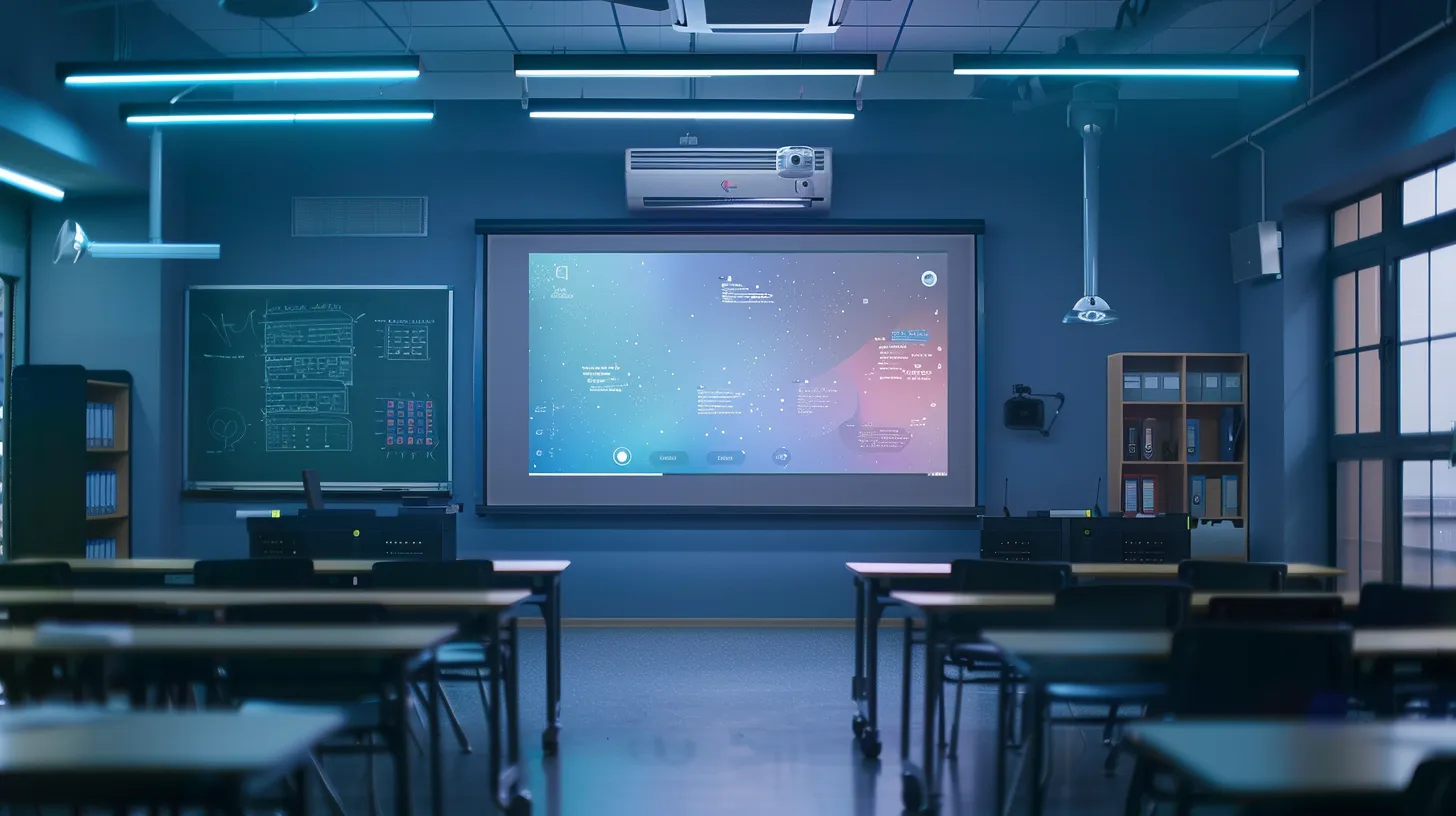 a sleek, illuminated digital whiteboard displays interactive content in a modern classroom, surrounded by subtle yet sophisticated educational elements, all highlighted by cinematic lighting for a high-tech atmosphere.