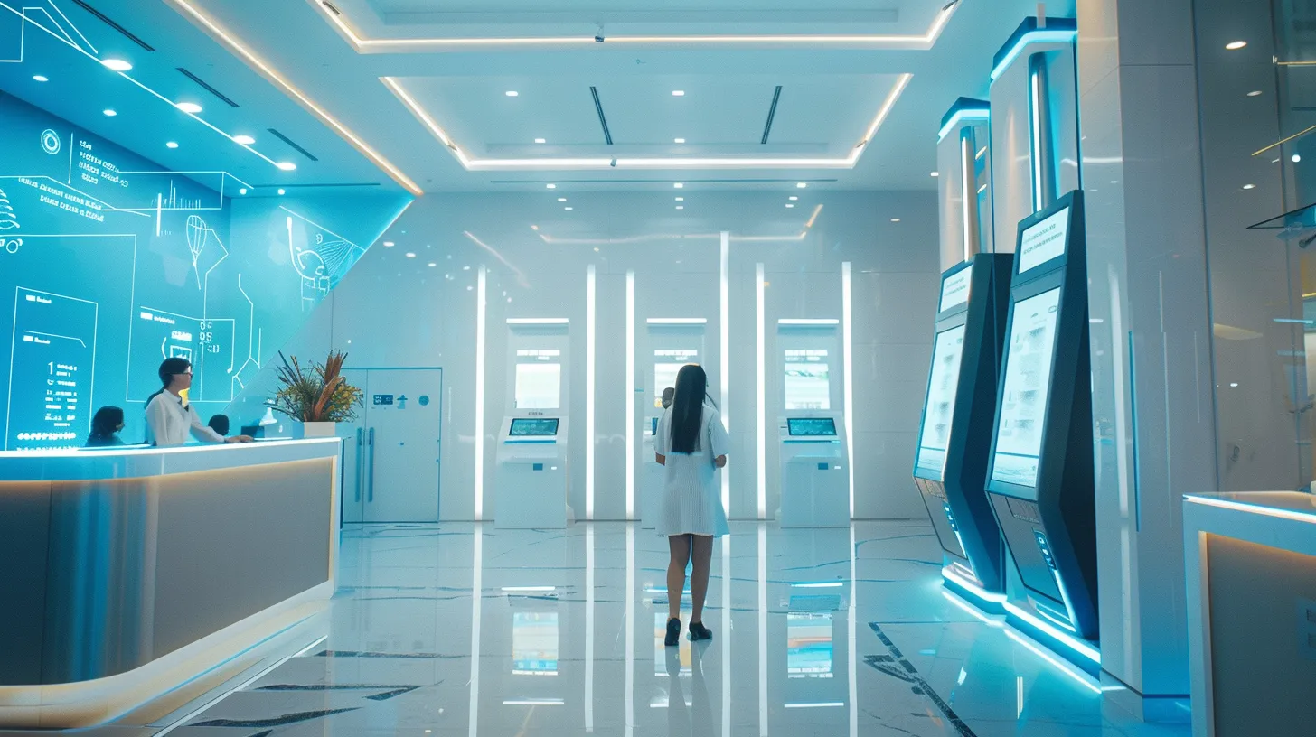 a sleek, modern banking environment features vibrant digital signage, with glowing led displays and interactive touchscreens integrated into the walls, as diverse individuals engage with the technology in a bright and professional space.