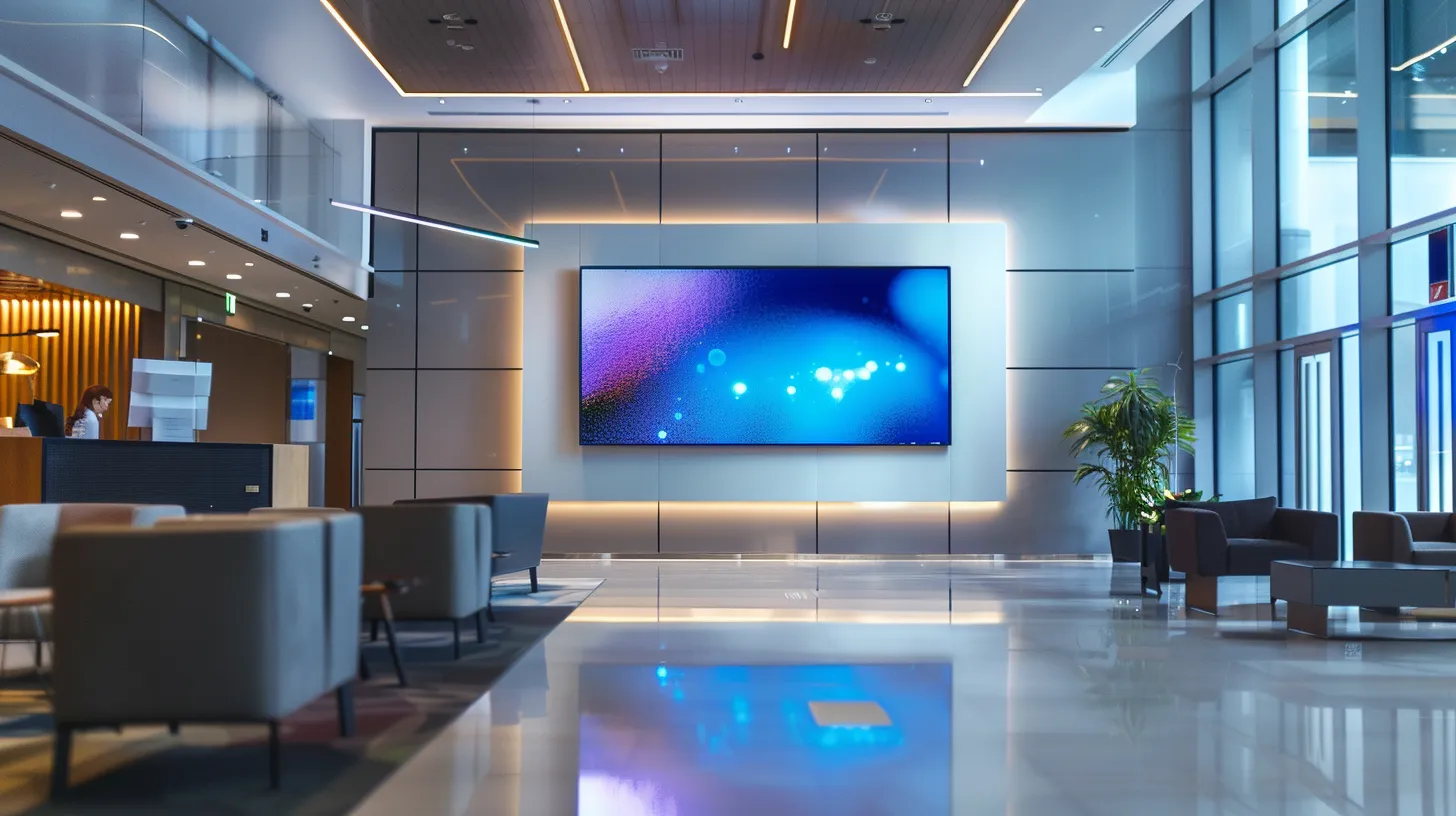 a sleek, modern digital signage screen illuminated with vibrant, engaging content in a bustling bank lobby, surrounded by elegant minimalist decor and designed to enhance customer interaction, all captured in cinematic lighting.