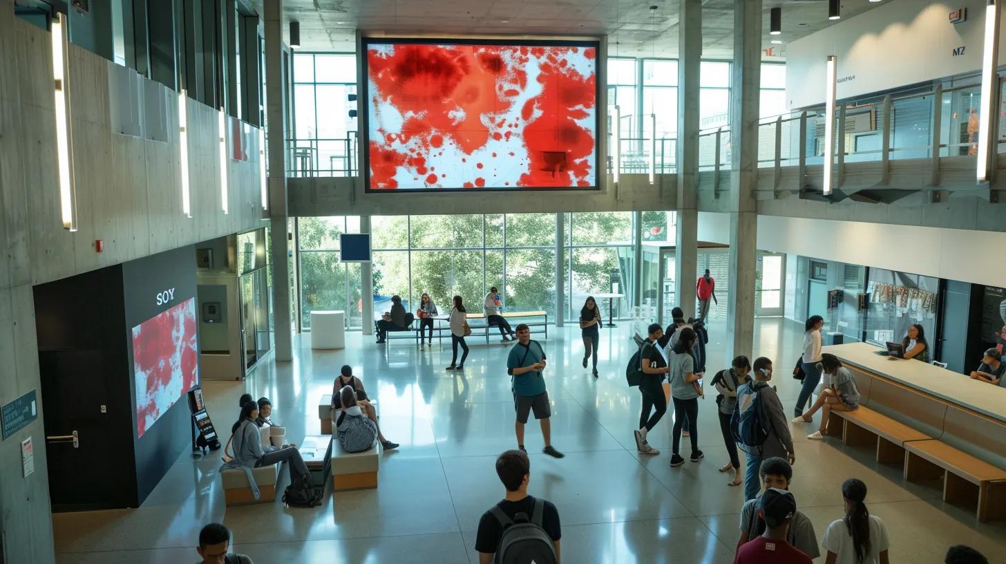 a sleek, modern digital signage screen illuminates a bustling university campus lobby, displaying vibrant dynamic content while surrounded by contemporary architecture and students engaging in conversation, all enhanced by cinematic lighting.