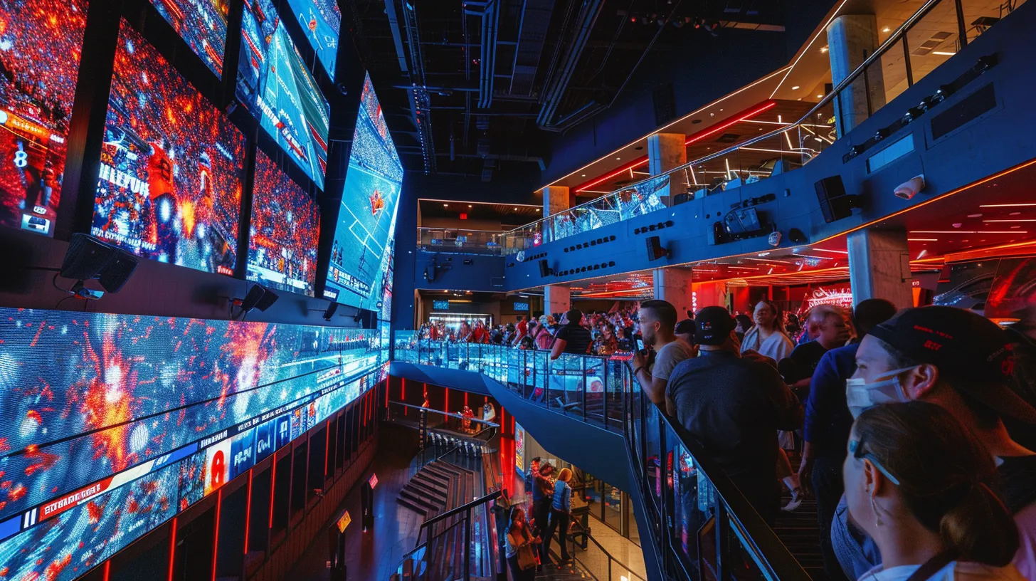 a vibrant, high-tech stadium environment showcases glowing led displays and interactive touchscreens seamlessly integrated into sleek walls, with diverse fans engaging enthusiastically, conveying the future of immersive signage and fan interaction in sports.