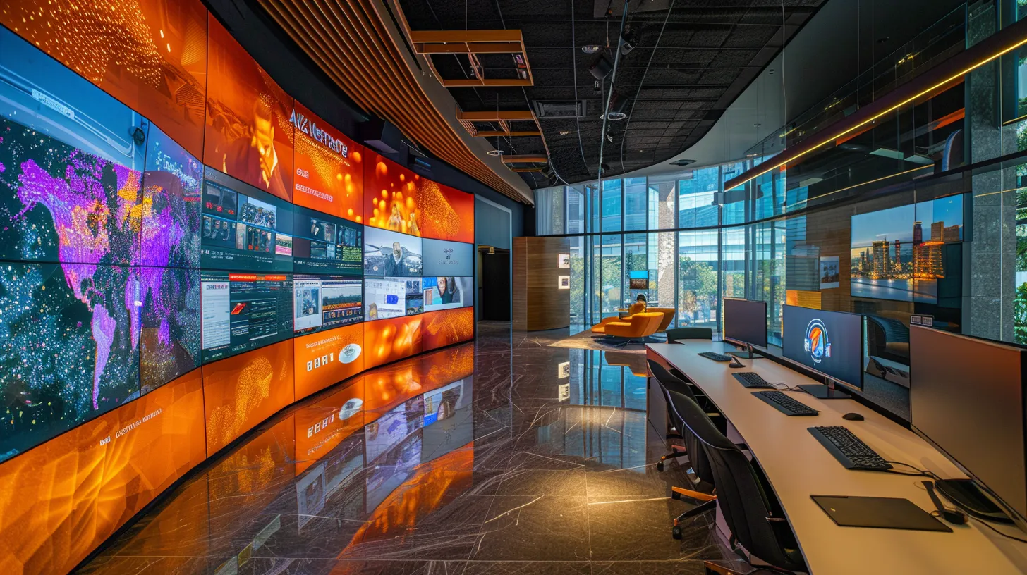 a vibrant, high-tech office environment features sleek iptv monitors and interactive touchscreens seamlessly integrated into the walls, where diverse professionals actively engage with dynamic digital content in a futuristic setting illuminated by clean, natural lighting.