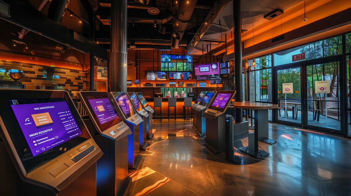 a vibrant, modern restaurant interior features sleek interactive kiosks and glowing led displays, showcasing futuristic digital menus as diverse patrons engage seamlessly with advanced technology in a high-tech dining experience.