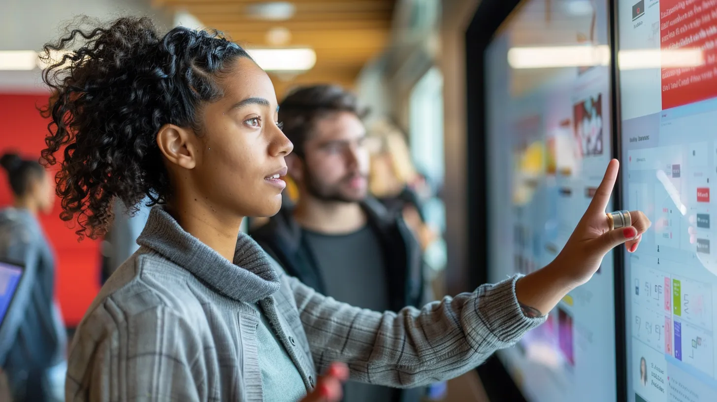 in a sleek, modern commercial environment, diverse individuals engage seamlessly with vibrant led displays and interactive touchscreens integrated into minimalist walls, creating an inviting and high-tech atmosphere that embodies the future of university campus interactions.