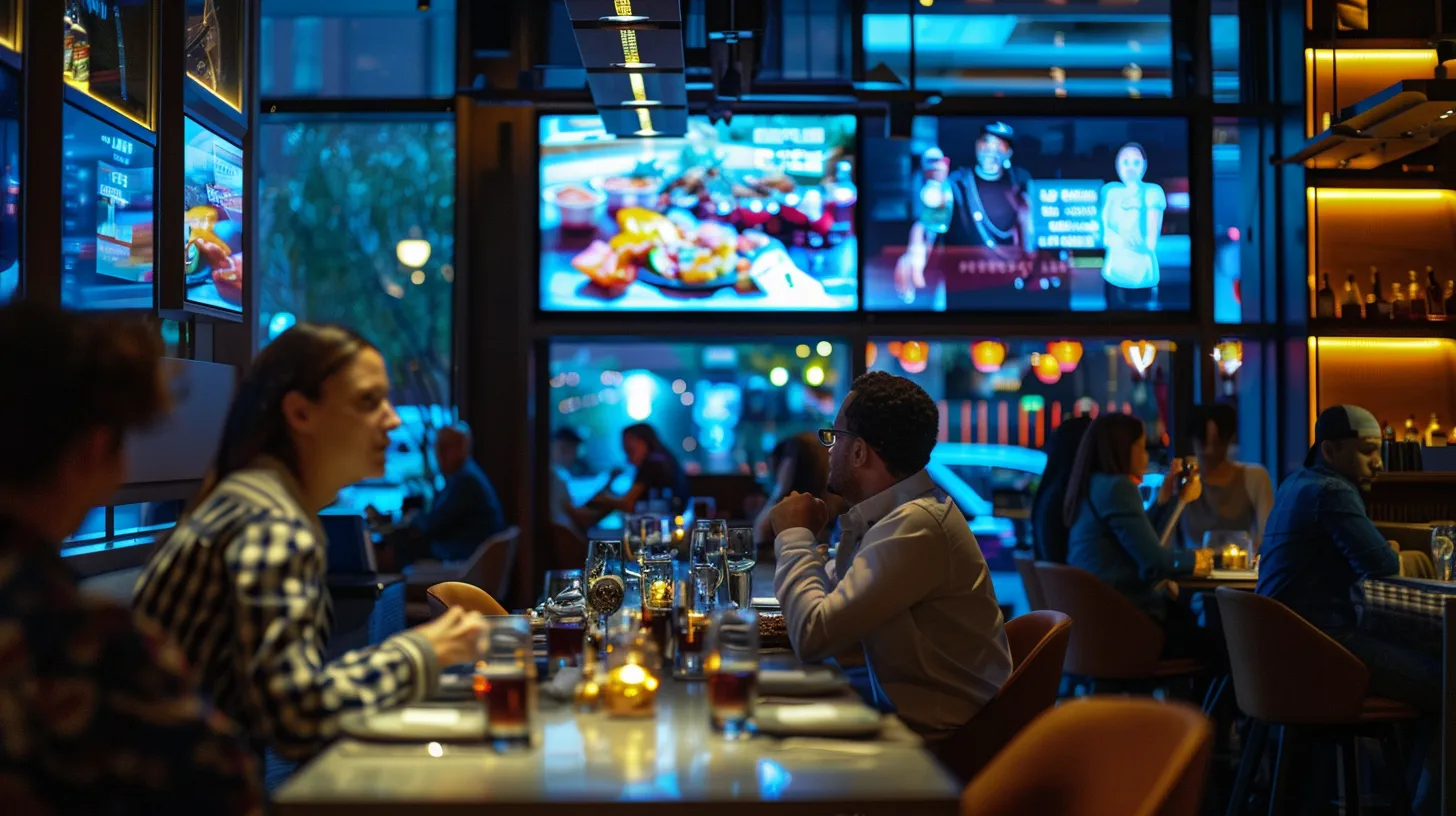 in a sleek, modern restaurant environment, vibrant led displays and interactive touchscreens illuminate the space as a diverse group of patrons enthusiastically engages with the digital signage, creating a dynamic fusion of technology and dining experience.