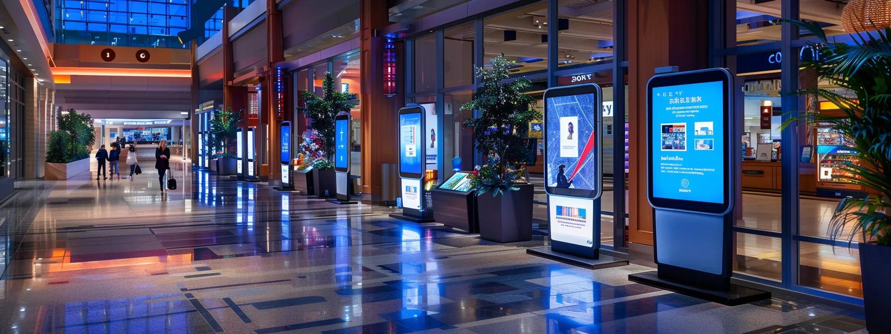 a contemporary shopping center lobby features sleek interactive kiosks with vibrant touchscreen displays, inviting customers to engage seamlessly with digital content while surrounded by stylish, modern architecture.