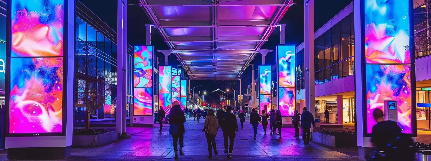 a vibrant urban landscape in houston showcases dynamic digital signage towering above bustling streets, illuminated in dazzling colors and interactive displays that captivate passersby.