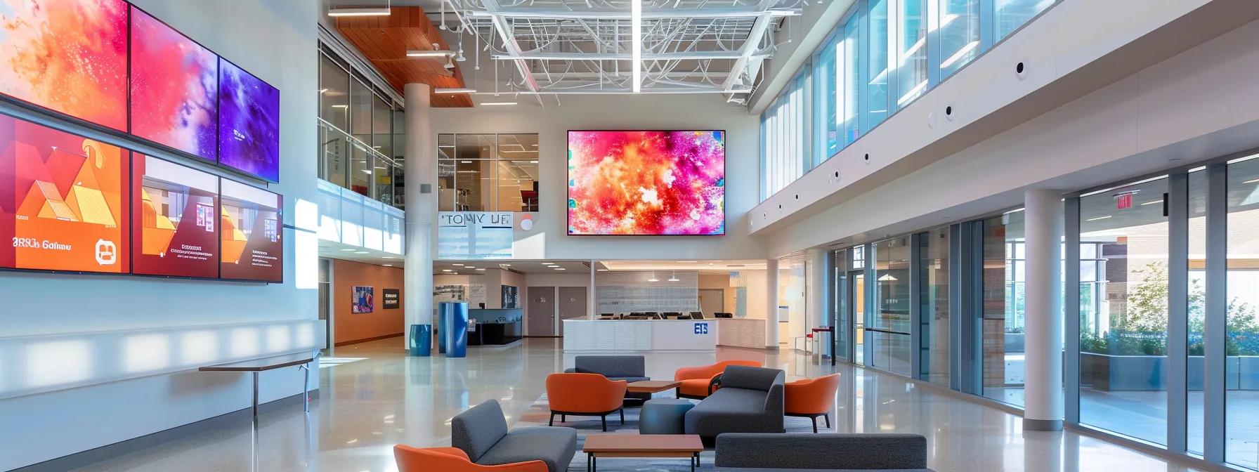 a vibrant urban office space showcases an array of digital signage displays, each dynamically animated, highlighting engaging promotions and branding tailored for a competitive business landscape in raleigh.