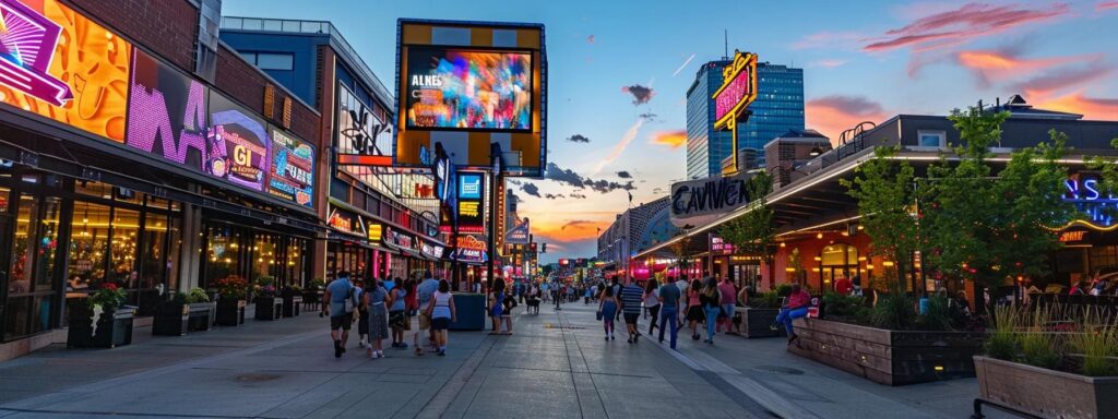a vibrant urban scene showcasing a bustling memphis street, prominently featuring a sleek digital signage display glowing with dynamic advertisements, set against a backdrop of modern architecture and neon lights illuminating the evening atmosphere.