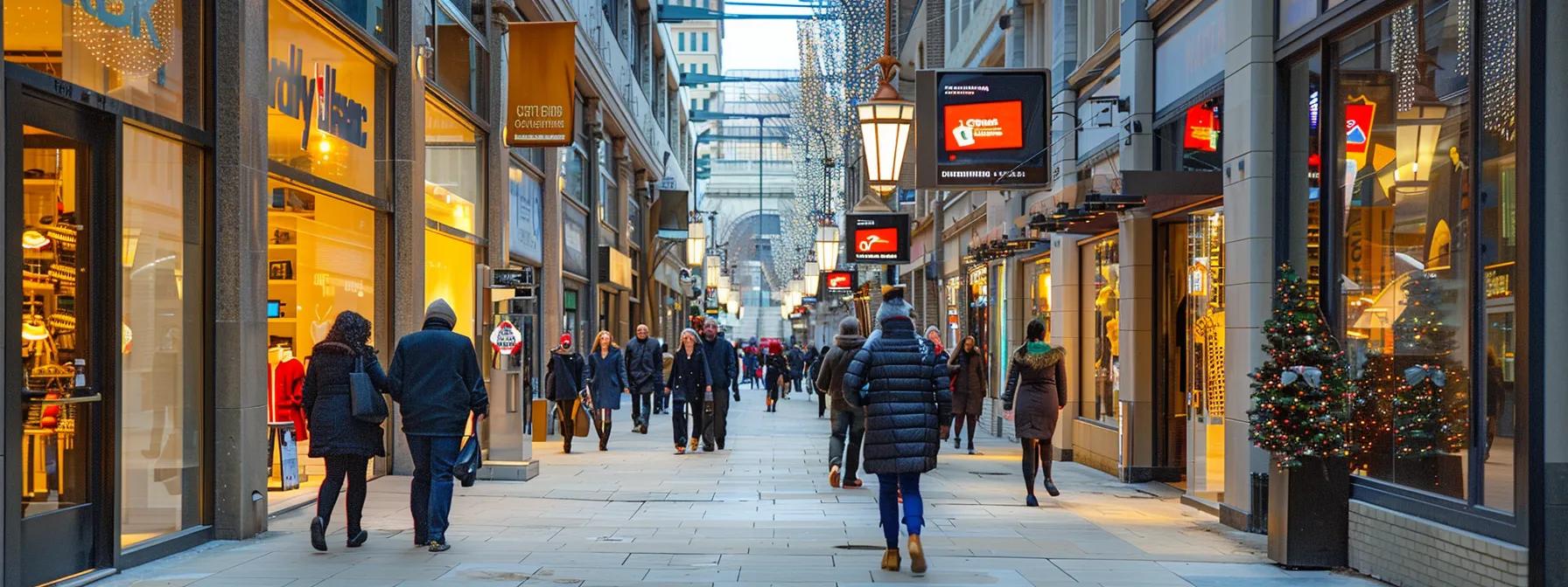 a vibrant urban scene showcasing a bustling milwaukee street filled with dynamic digital signage displays illuminating the storefronts, drawing the attention of pedestrians and creating a lively atmosphere.