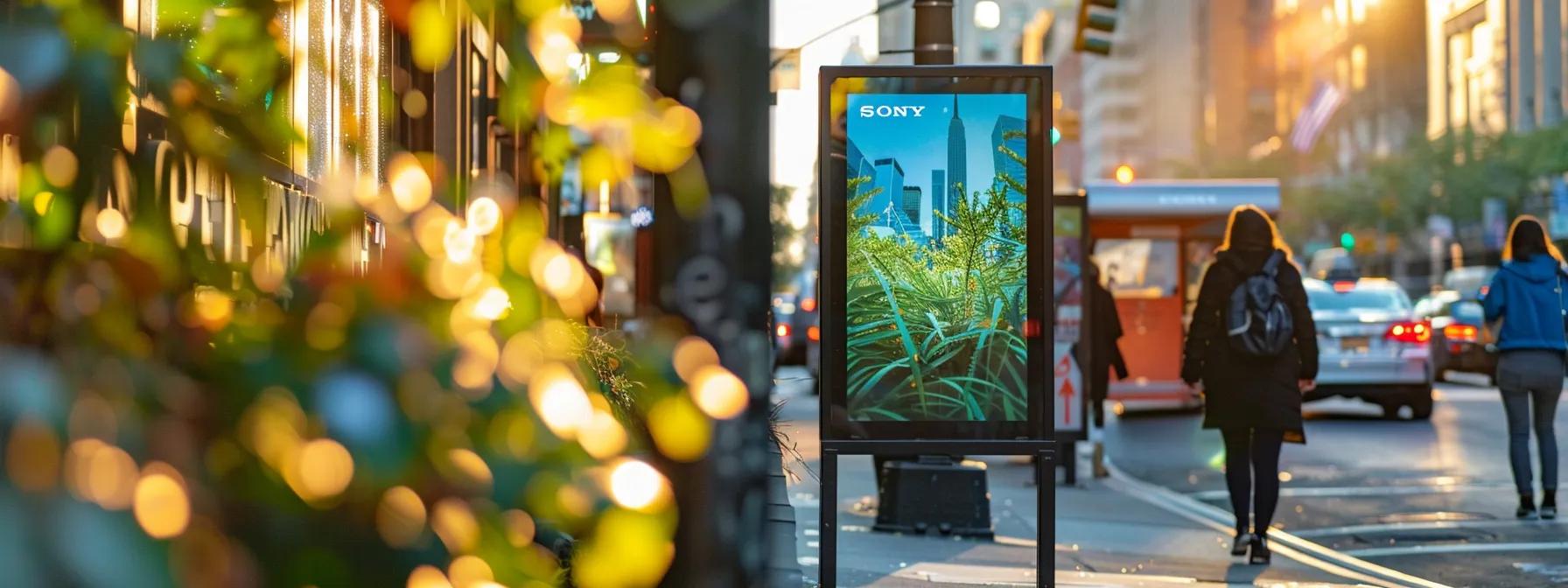 a vibrant urban setting showcases an eye-catching digital signage display emblazoned with a bold brand logo, strategically positioned to attract and engage passersby with dynamic visual content in a bustling city environment.